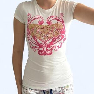 White Short-Sleeve Graphic Heart Tee with Pink and Gold Accents